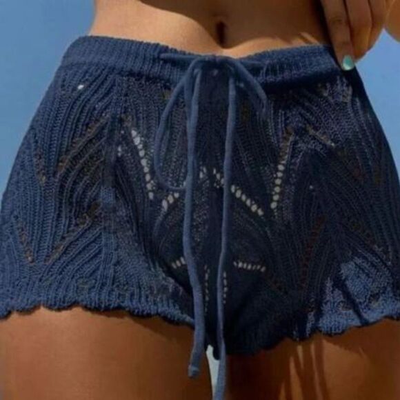 Blue Crochet Drawstring Shorts Cover up sz L - Picture 1 of 3